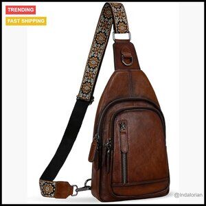 Leather Sling Bag Multi-Pocket Crossbody Fanny Pack Travel Chest Bag Adjustable
